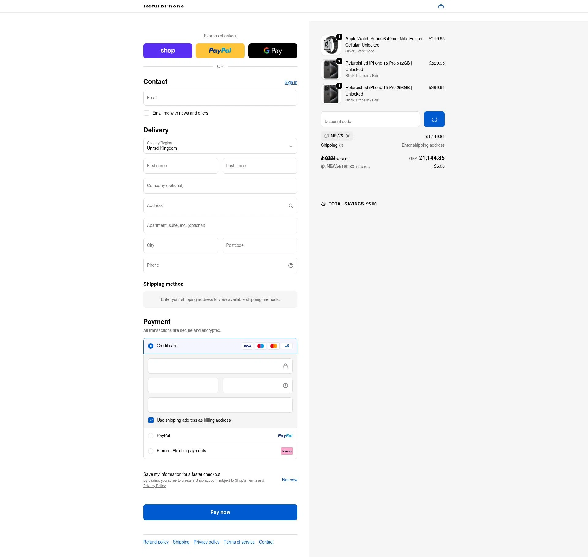 RefurbPhone checkout page showing RefurbPhone promo code box | Screenshot taken by SimplyCodes community member on Feb 16, 2026