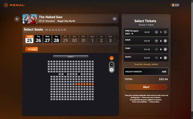 Regal Movies checkout page showing Regal Movies promo code box | Screenshot taken by SimplyCodes community member on Aug 25, 2025