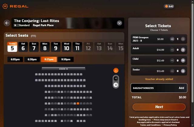 Regal Movies checkout page showing Regal Movies promo code box | Screenshot taken by SimplyCodes community member on Sep 5, 2025