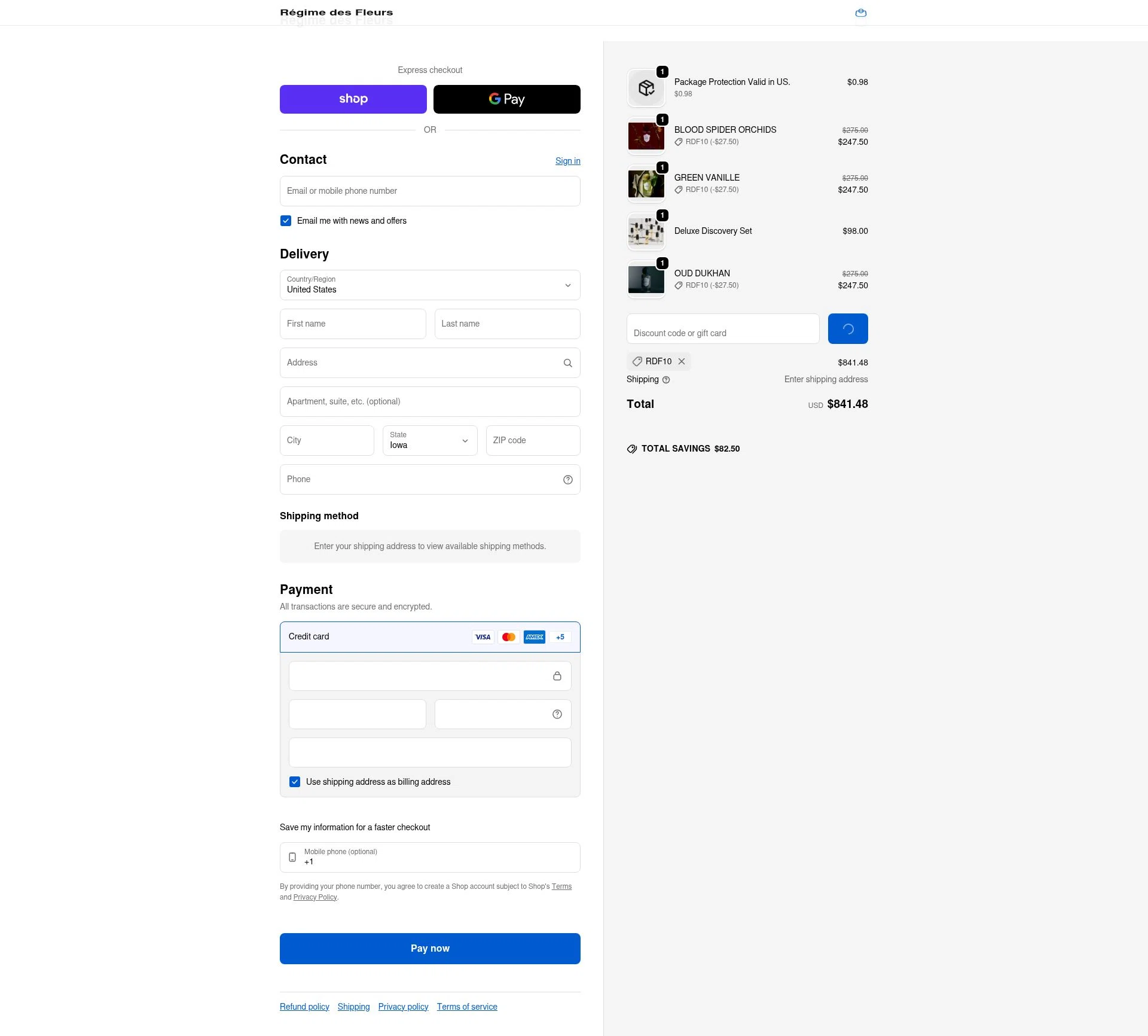 Régime des Fleurs checkout page showing Régime des Fleurs promo code box | Screenshot taken by SimplyCodes community member on Feb 18, 2026
