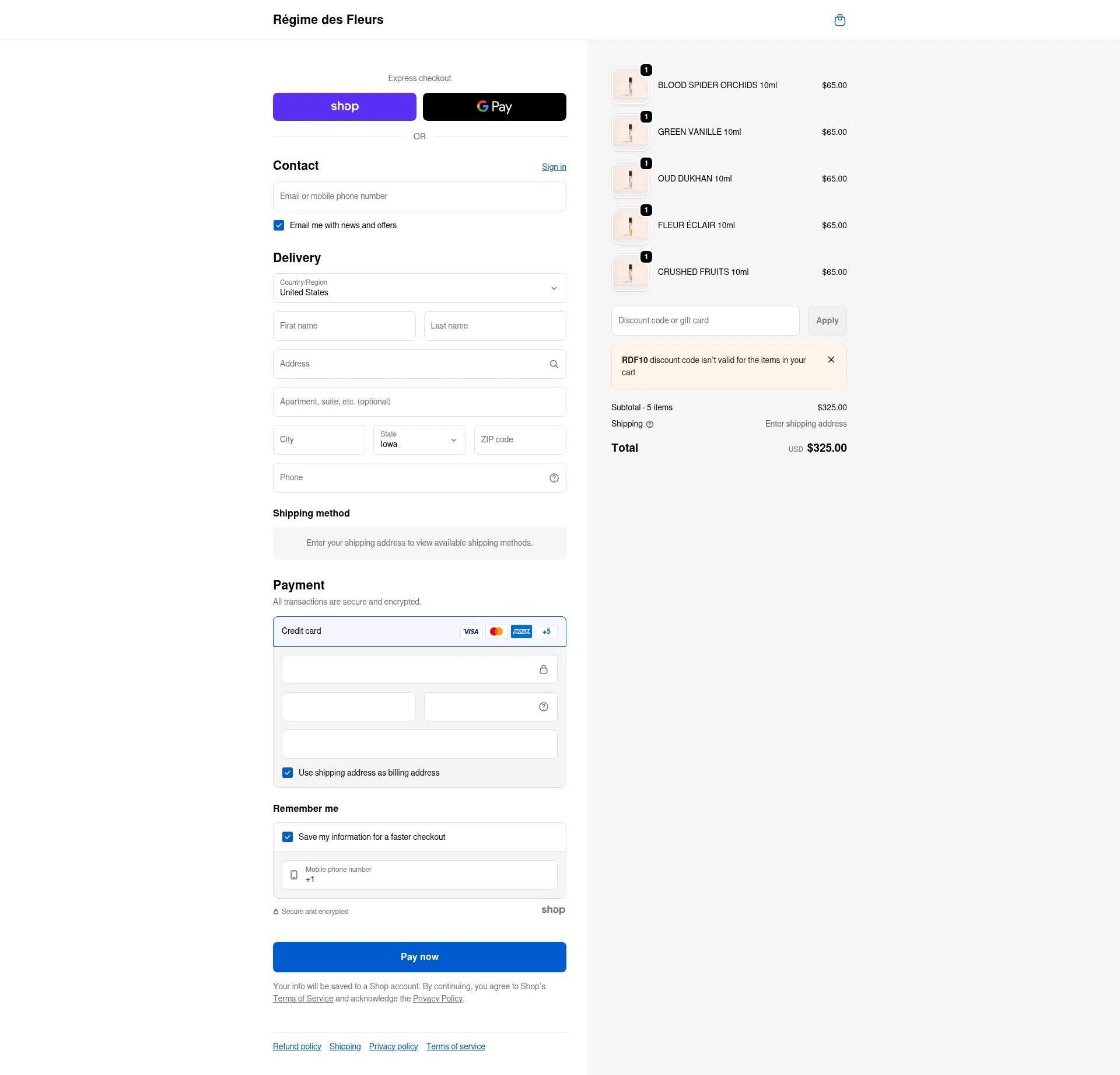 Régime des Fleurs checkout page showing Régime des Fleurs promo code box | Screenshot taken by SimplyCodes community member on Jan 22, 2026