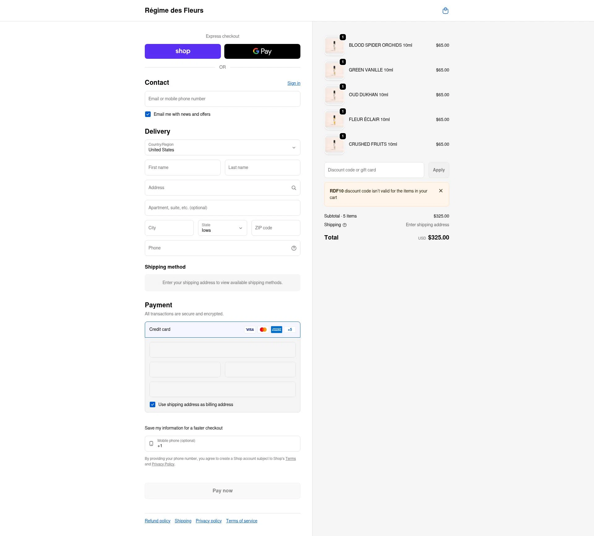 Régime des Fleurs checkout page showing Régime des Fleurs promo code box | Screenshot taken by SimplyCodes community member on Jan 31, 2026