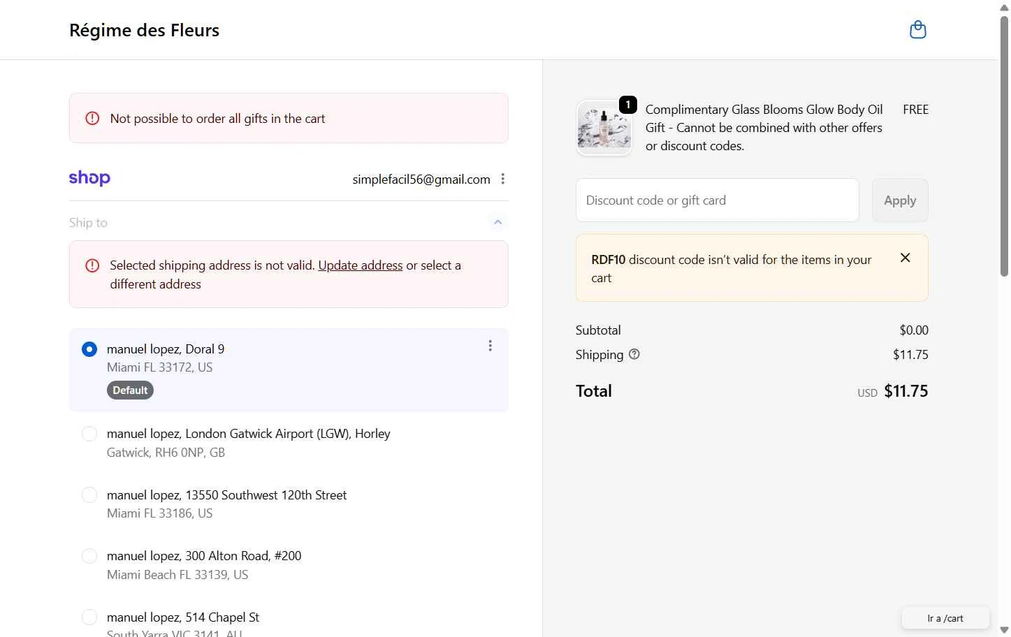 Régime des Fleurs checkout page showing Régime des Fleurs promo code box | Screenshot taken by SimplyCodes community member on Feb 5, 2026