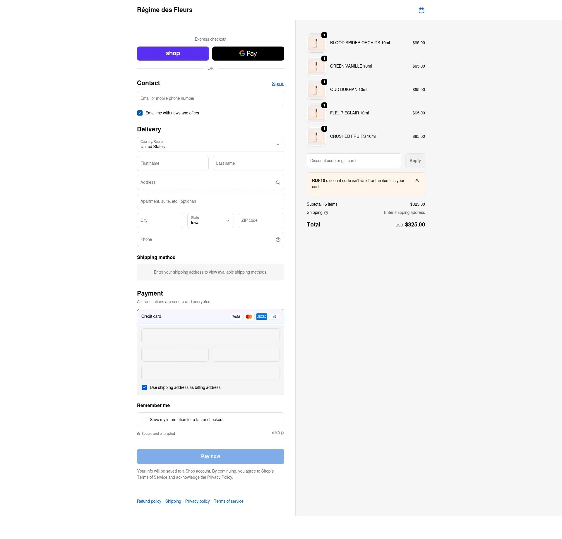 Régime des Fleurs checkout page showing Régime des Fleurs promo code box | Screenshot taken by SimplyCodes community member on Jan 27, 2026