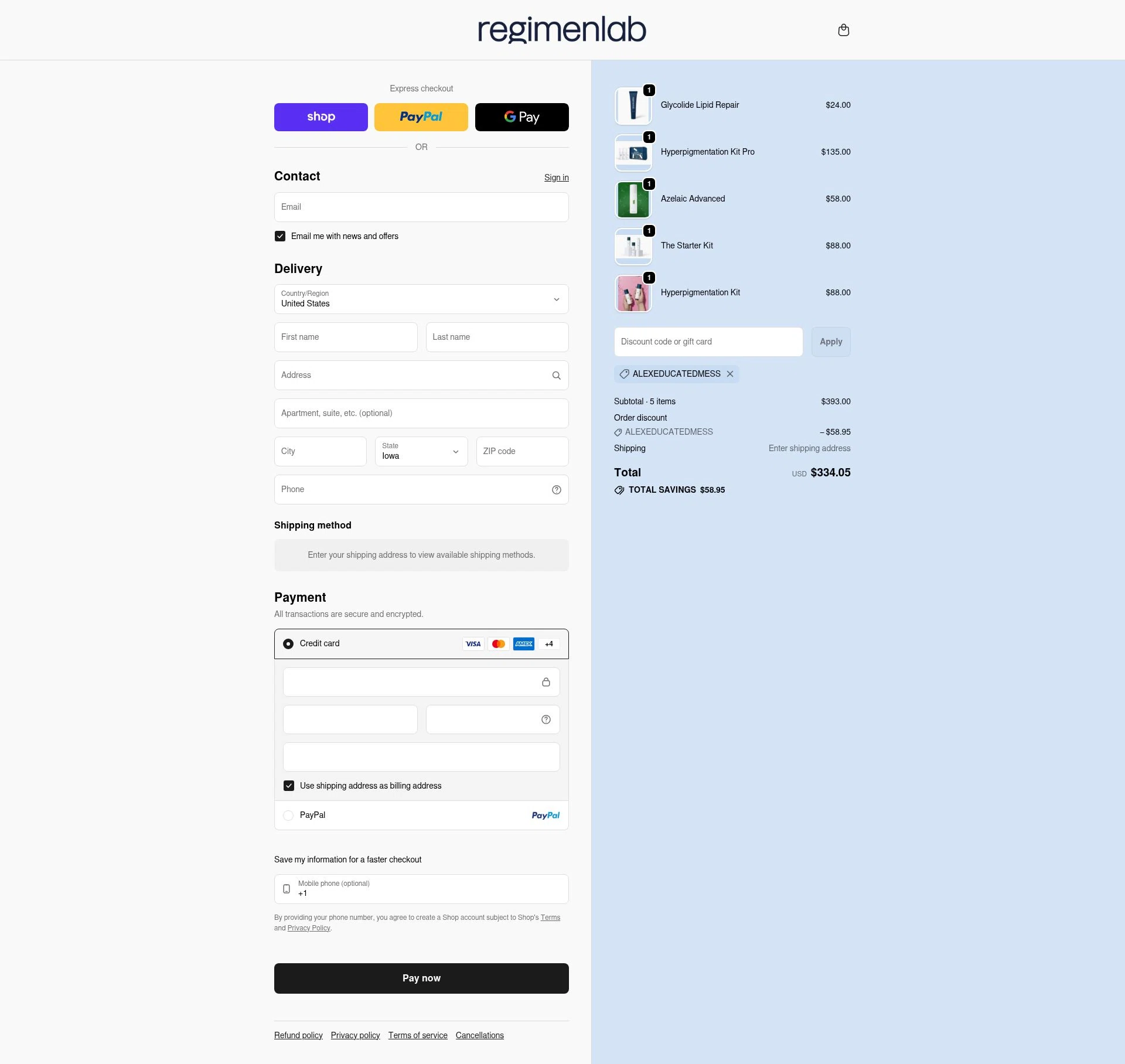 Regimen Lab checkout page showing Regimen Lab promo code box | Screenshot taken by SimplyCodes community member on Feb 17, 2026