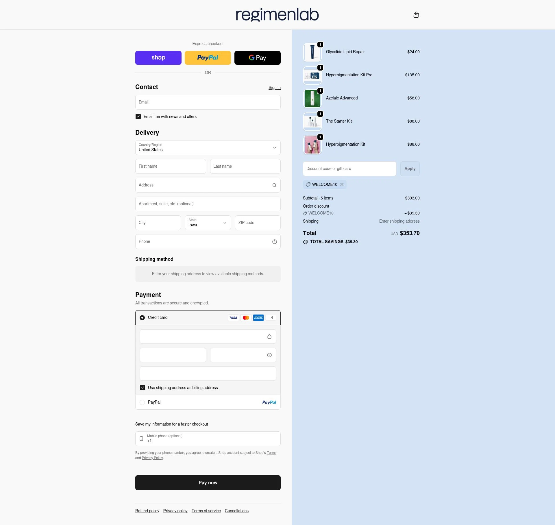 Regimen Lab checkout page showing Regimen Lab promo code box | Screenshot taken by SimplyCodes community member on Feb 17, 2026