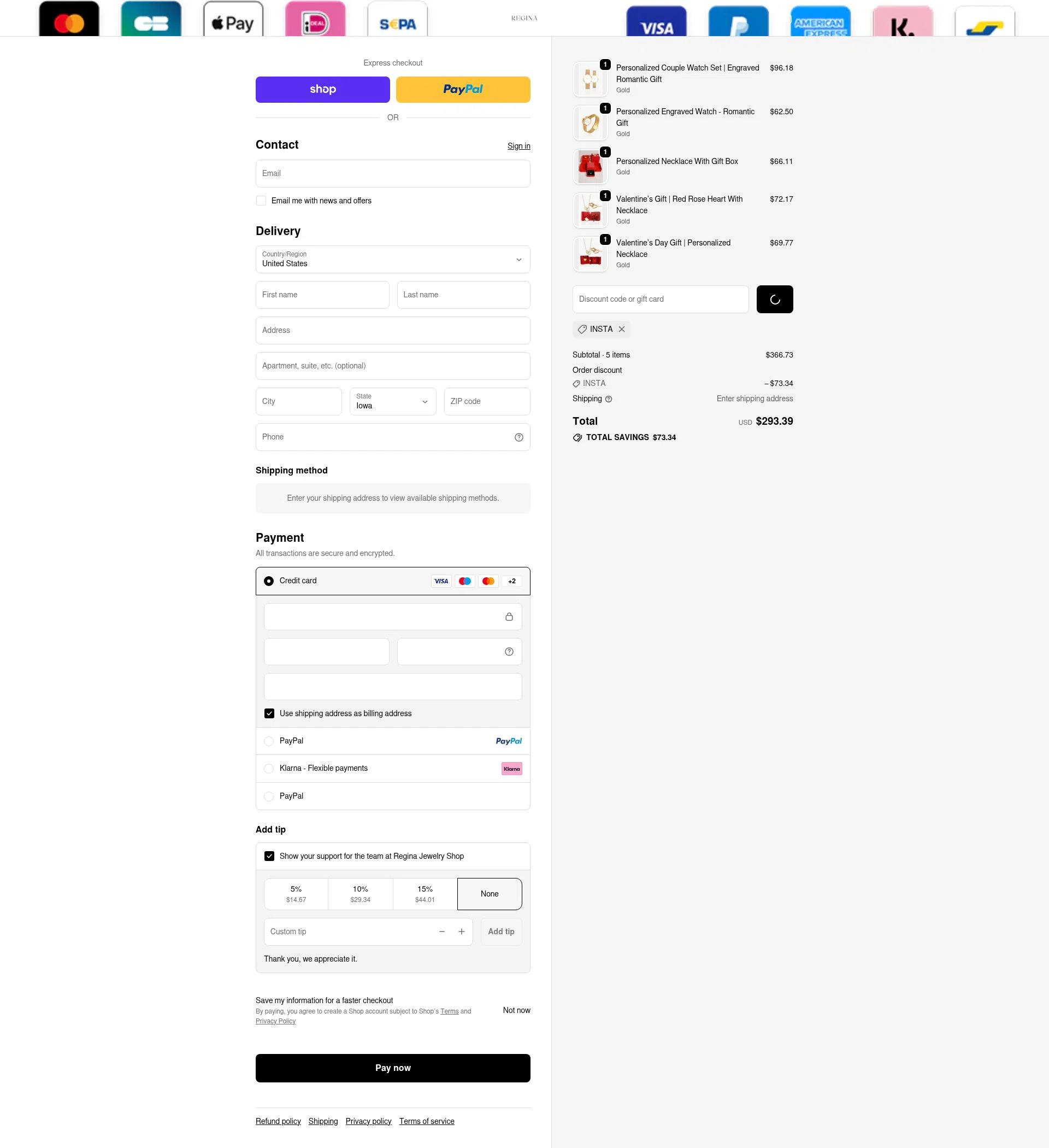 Regina Jewelry checkout page showing Regina Jewelry discount code box | Screenshot taken by SimplyCodes community member on Feb 19, 2026