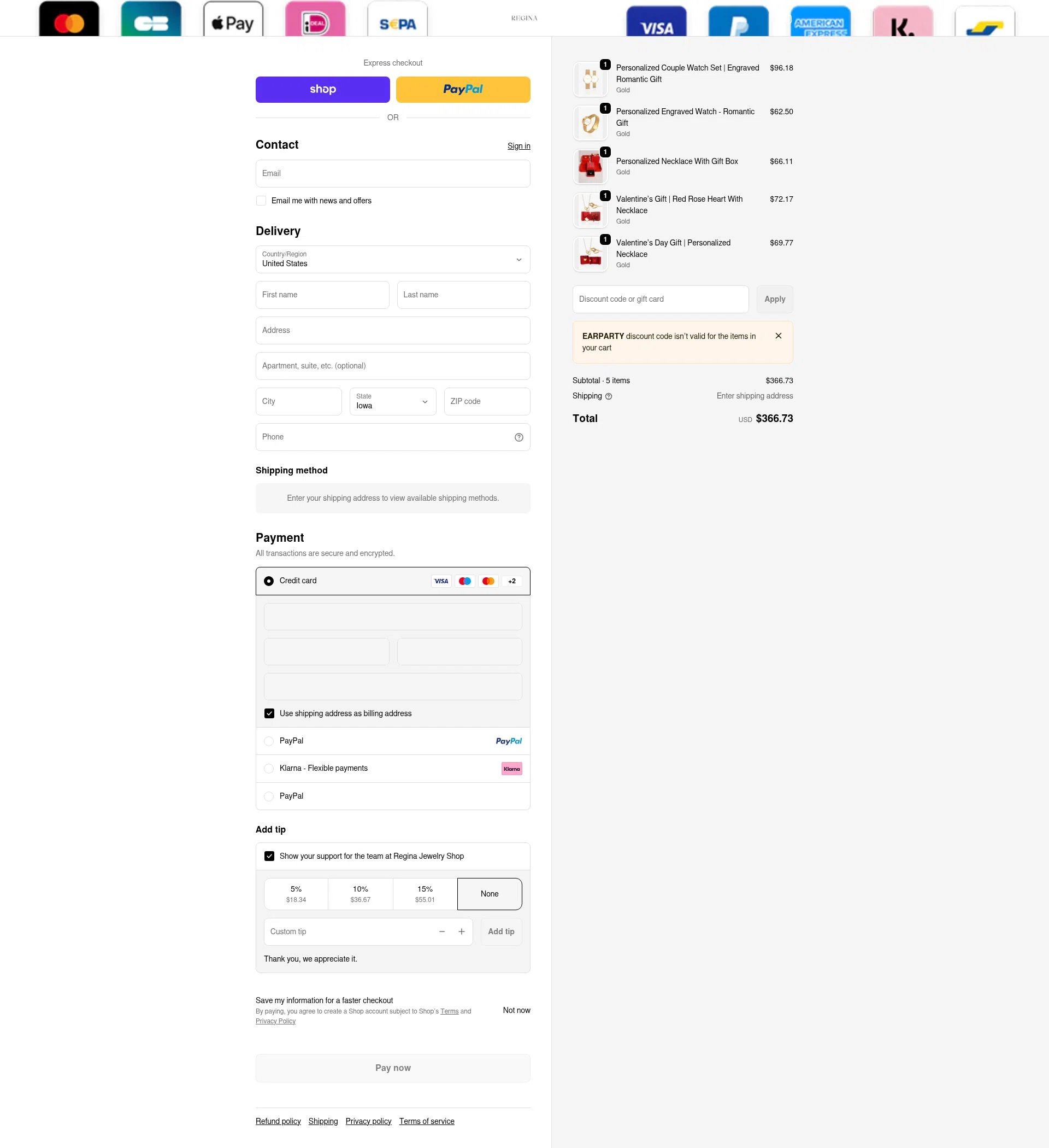 Regina Jewelry checkout page showing Regina Jewelry discount code box | Screenshot taken by SimplyCodes community member on Feb 19, 2026
