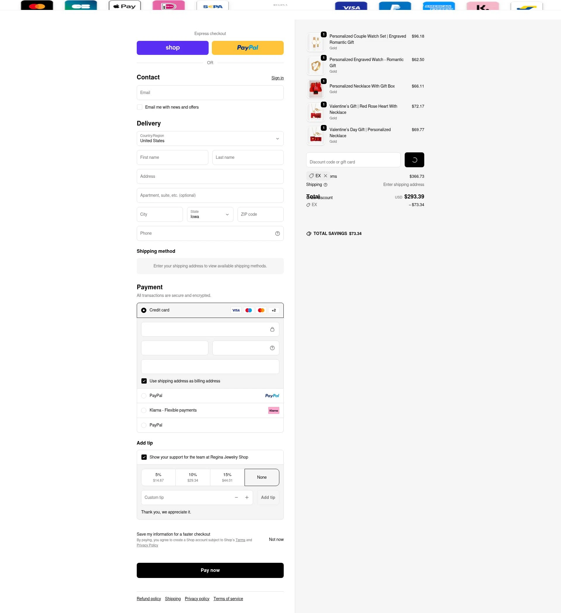 Regina Jewelry checkout page showing Regina Jewelry discount code box | Screenshot taken by SimplyCodes community member on Feb 19, 2026