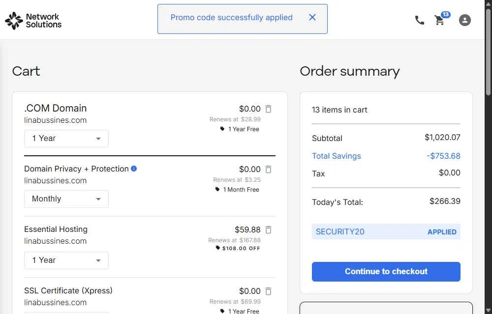 Register.com checkout page showing Register.com promo code box | Screenshot taken by SimplyCodes community member on Dec 15, 2025