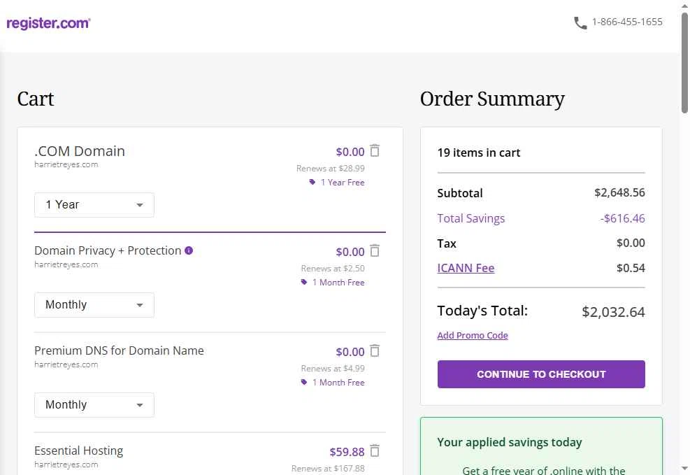 Register.com checkout page showing Register.com promo code box | Screenshot taken by SimplyCodes community member on Apr 28, 2025