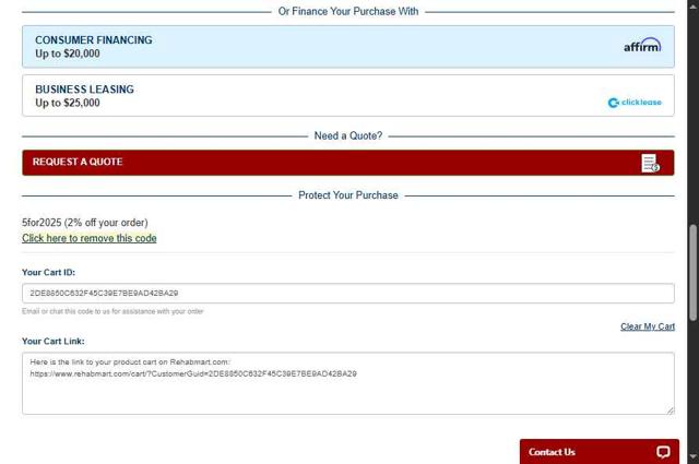 Rehabmart checkout page showing Rehabmart promo code box | Screenshot taken by SimplyCodes community member on Aug 21, 2025