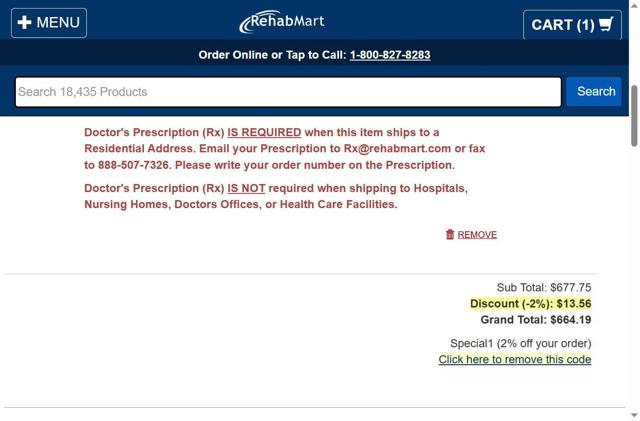 Rehabmart checkout page showing Rehabmart promo code box | Screenshot taken by SimplyCodes community member on Jun 21, 2025
