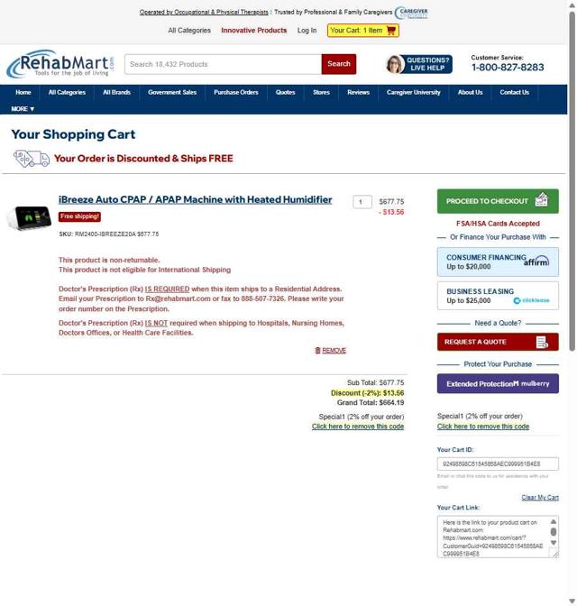 Rehabmart checkout page showing Rehabmart promo code box | Screenshot taken by SimplyCodes community member on Jul 20, 2025