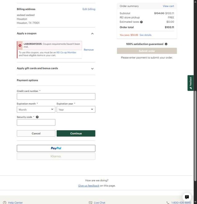 REI checkout page showing REI promo code box | Screenshot taken by SimplyCodes community member on Aug 22, 2025