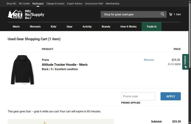 REI checkout page showing REI promo code box | Screenshot taken by SimplyCodes community member on Aug 18, 2025