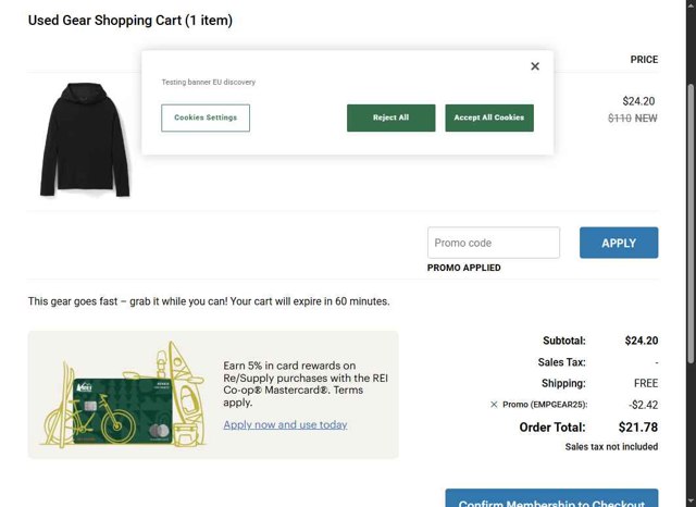REI checkout page showing REI promo code box | Screenshot taken by SimplyCodes community member on Aug 25, 2025
