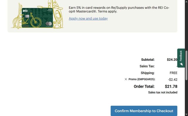 REI checkout page showing REI promo code box | Screenshot taken by SimplyCodes community member on Aug 28, 2025
