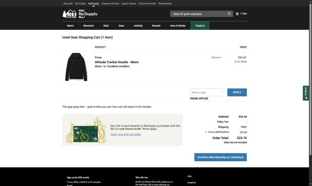 REI checkout page showing REI promo code box | Screenshot taken by SimplyCodes community member on Aug 15, 2025