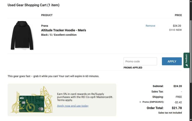 REI checkout page showing REI promo code box | Screenshot taken by SimplyCodes community member on Aug 22, 2025