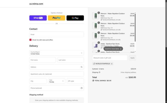 Reima checkout page showing Reima discount code box | Screenshot taken by SimplyCodes community member on Aug 20, 2025