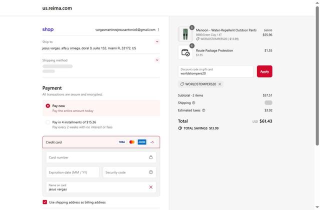 Reima checkout page showing Reima discount code box | Screenshot taken by SimplyCodes community member on Sep 14, 2025
