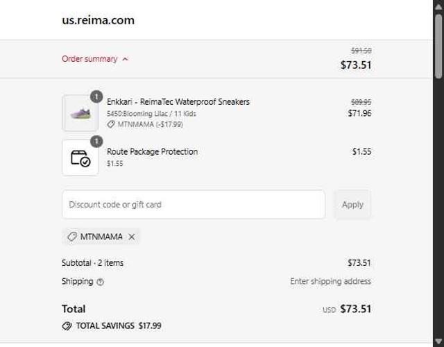 Reima checkout page showing Reima discount code box | Screenshot taken by SimplyCodes community member on Sep 3, 2025