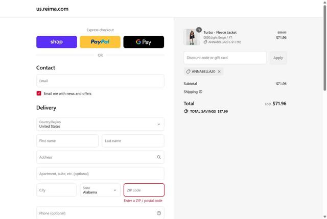 Reima checkout page showing Reima discount code box | Screenshot taken by SimplyCodes community member on Sep 3, 2025