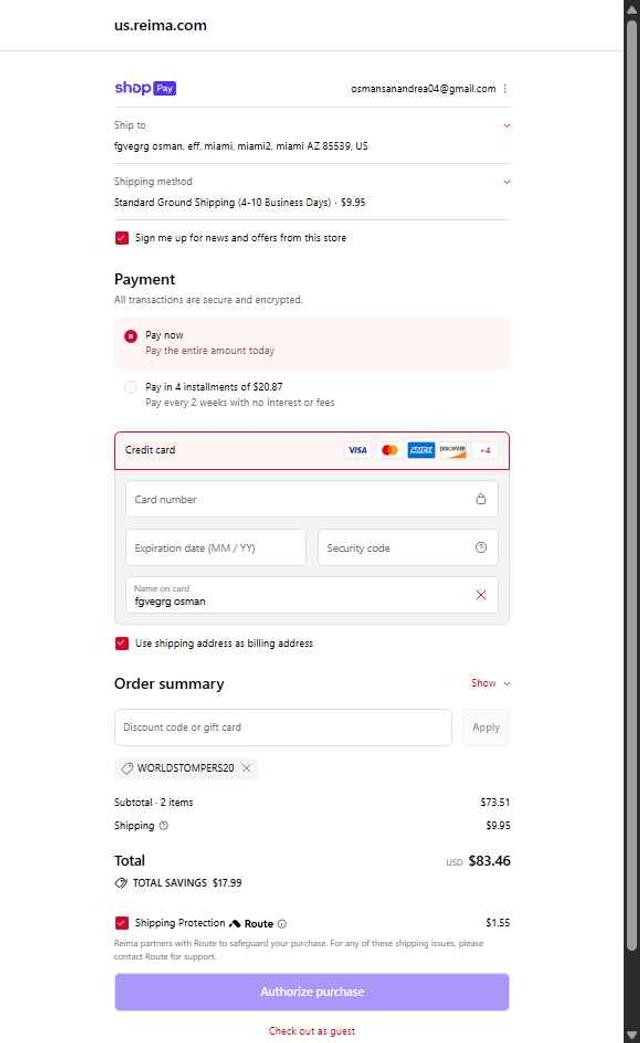 Reima checkout page showing Reima discount code box | Screenshot taken by SimplyCodes community member on Aug 20, 2025