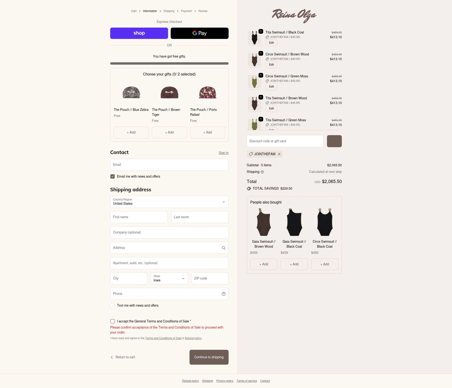 Reina Olga checkout page showing Reina Olga promo code box | Screenshot taken by SimplyCodes community member on Jan 13, 2026