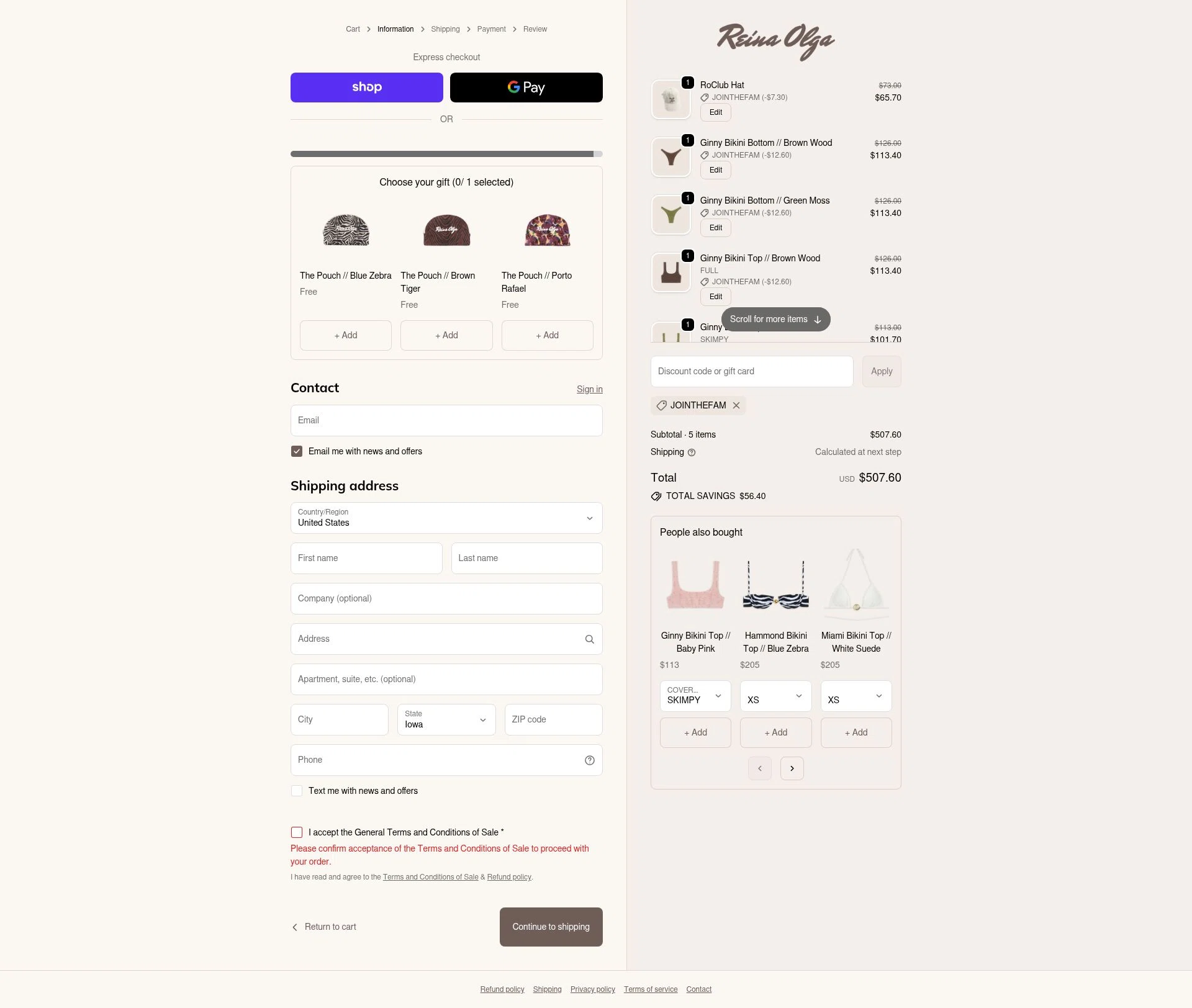Reina Olga checkout page showing Reina Olga promo code box | Screenshot taken by SimplyCodes community member on Dec 11, 2025