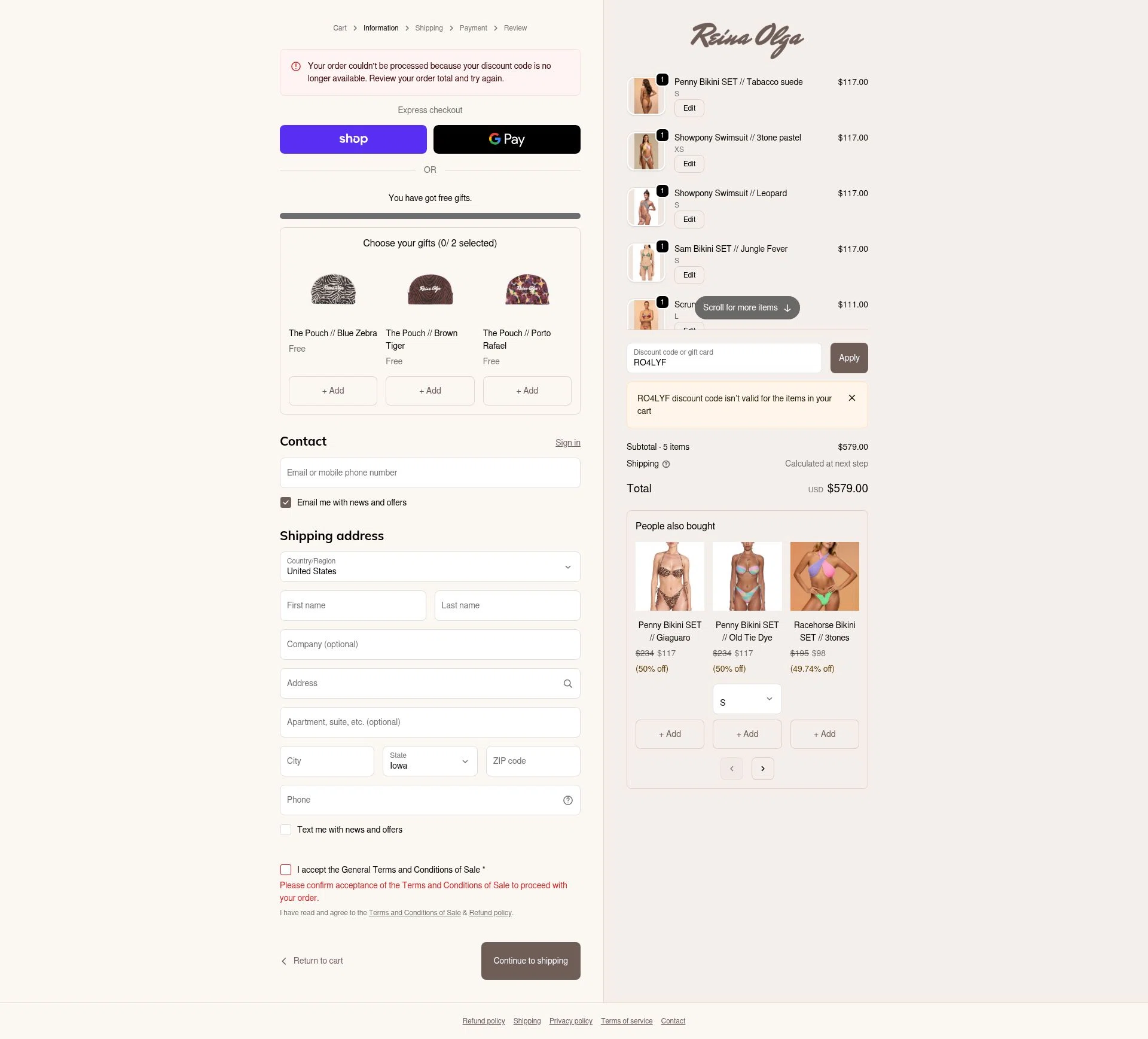 Reina Olga checkout page showing Reina Olga promo code box | Screenshot taken by SimplyCodes community member on Nov 25, 2025