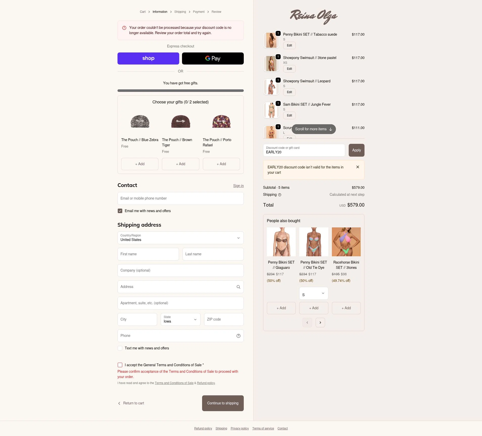Reina Olga checkout page showing Reina Olga promo code box | Screenshot taken by SimplyCodes community member on Nov 25, 2025