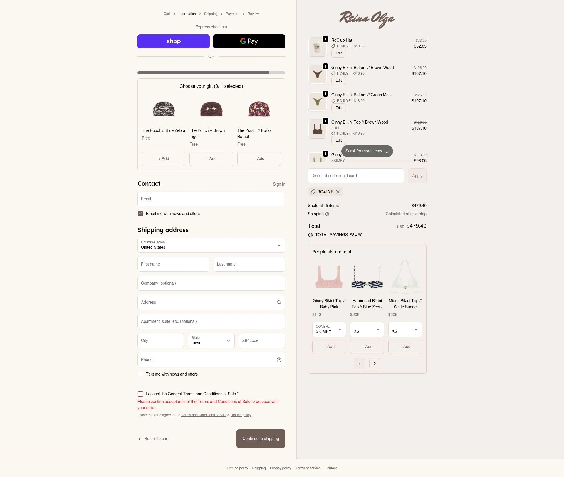 Reina Olga checkout page showing Reina Olga promo code box | Screenshot taken by SimplyCodes community member on Dec 11, 2025