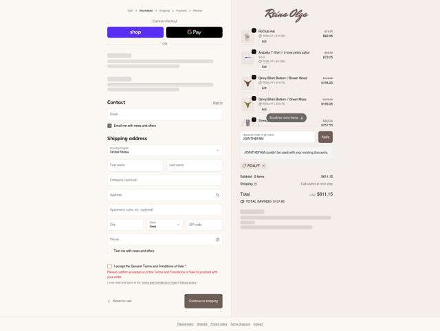 Reina Olga checkout page showing Reina Olga promo code box | Screenshot taken by SimplyCodes community member on Sep 29, 2025
