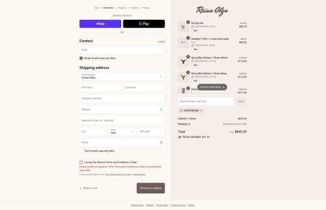 Reina Olga checkout page showing Reina Olga promo code box | Screenshot taken by SimplyCodes community member on Aug 31, 2025