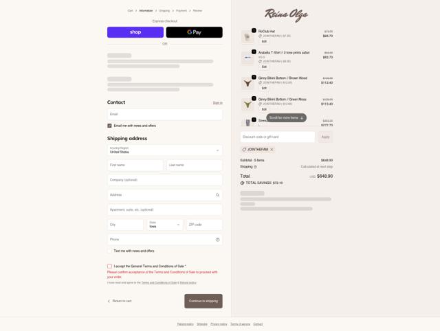 Reina Olga checkout page showing Reina Olga promo code box | Screenshot taken by SimplyCodes community member on Oct 3, 2025