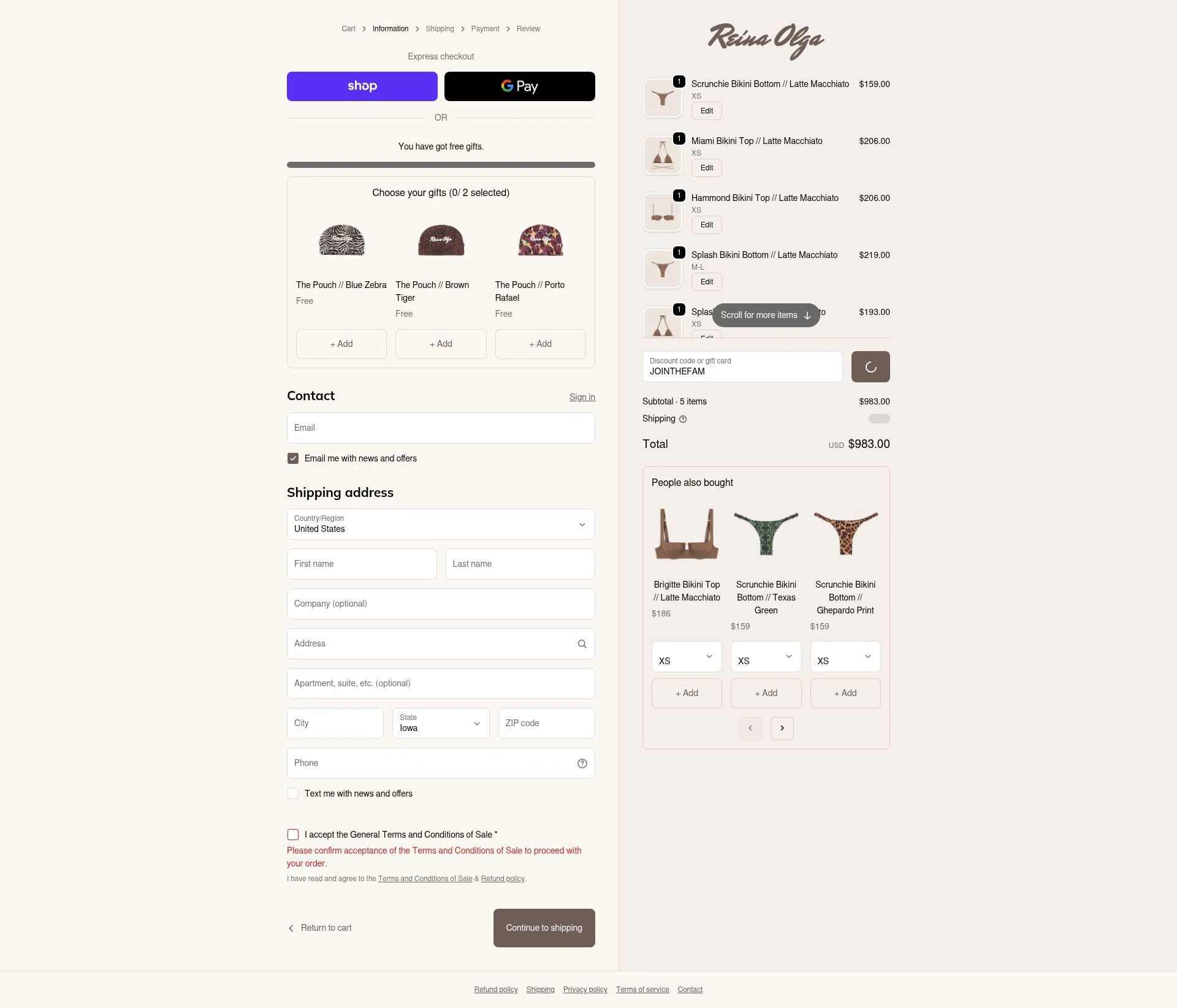 Reina Olga checkout page showing Reina Olga promo code box | Screenshot taken by SimplyCodes community member on Feb 18, 2026