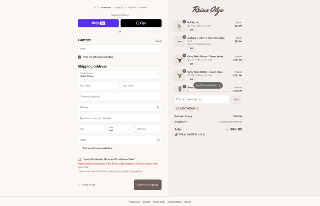 Reina Olga checkout page showing Reina Olga promo code box | Screenshot taken by SimplyCodes community member on Aug 27, 2025