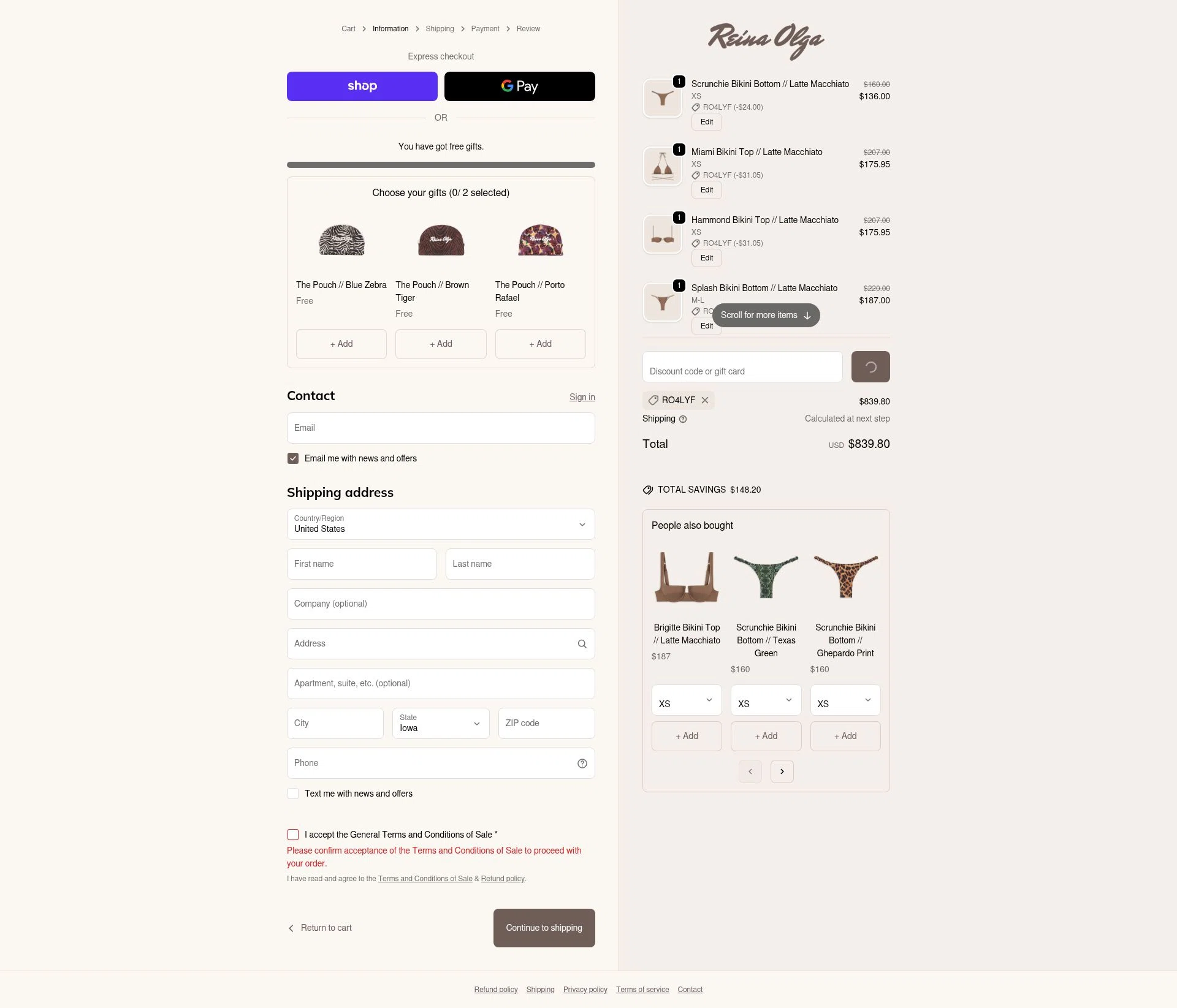 Reina Olga checkout page showing Reina Olga promo code box | Screenshot taken by SimplyCodes community member on Feb 14, 2026