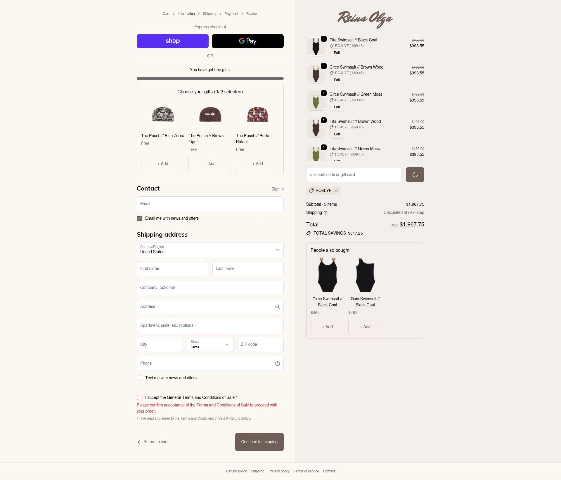 Reina Olga checkout page showing Reina Olga promo code box | Screenshot taken by SimplyCodes community member on Dec 24, 2025