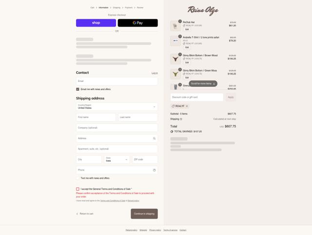 Reina Olga checkout page showing Reina Olga promo code box | Screenshot taken by SimplyCodes community member on Sep 4, 2025