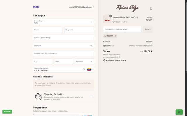 Reina Olga checkout page showing Reina Olga promo code box | Screenshot taken by SimplyCodes community member on Sep 12, 2025