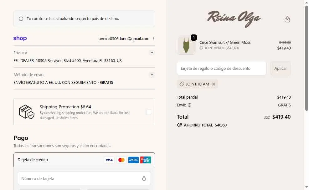 Reina Olga checkout page showing Reina Olga promo code box | Screenshot taken by SimplyCodes community member on Feb 1, 2026