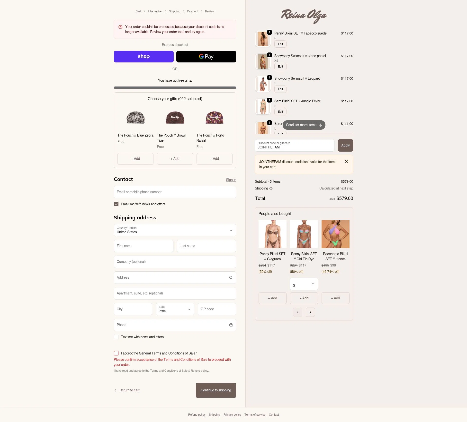Reina Olga checkout page showing Reina Olga promo code box | Screenshot taken by SimplyCodes community member on Nov 25, 2025