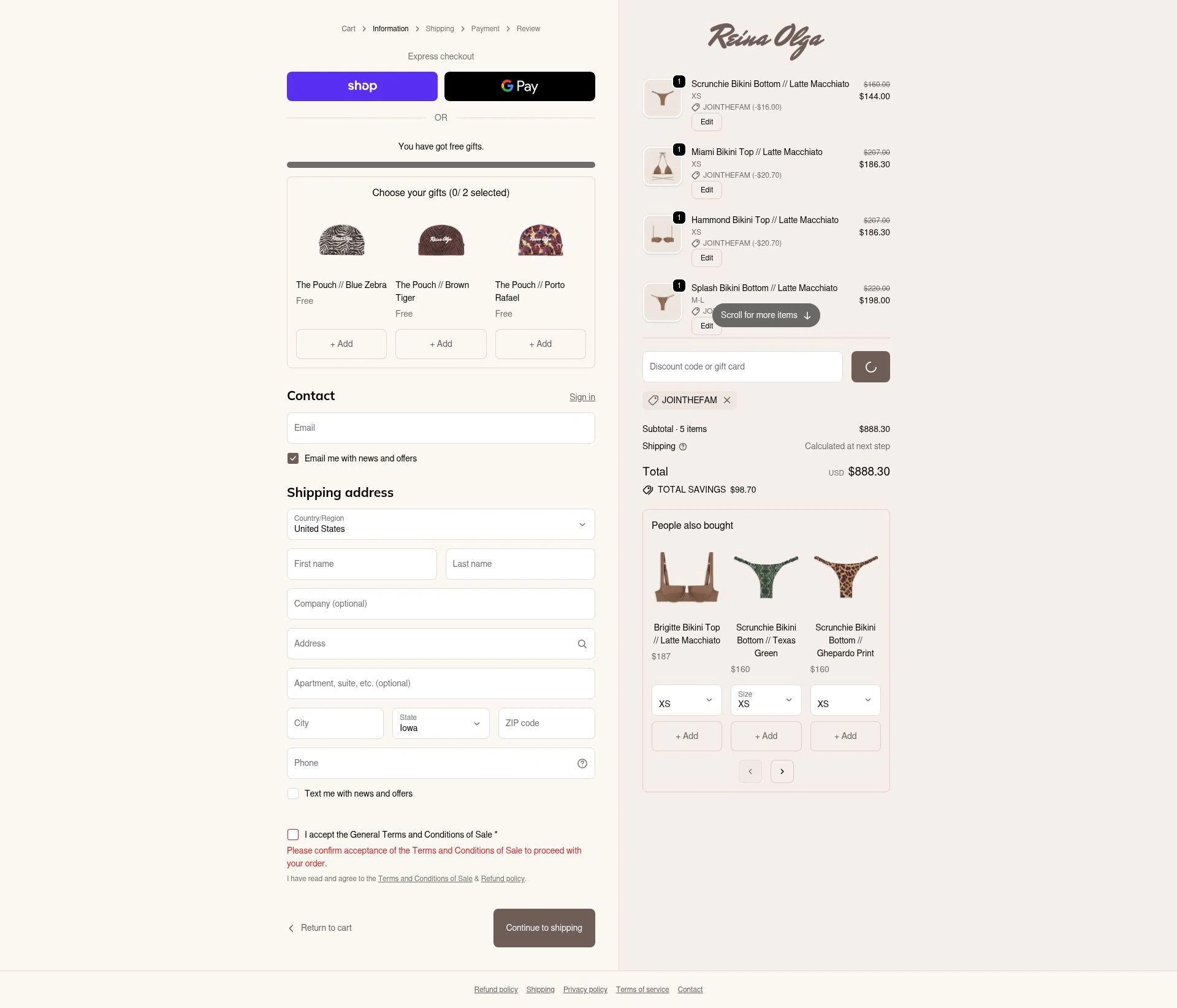 Reina Olga checkout page showing Reina Olga promo code box | Screenshot taken by SimplyCodes community member on Feb 1, 2026