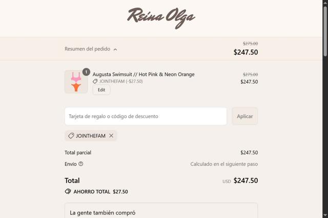 Reina Olga checkout page showing Reina Olga promo code box | Screenshot taken by SimplyCodes community member on Sep 4, 2025