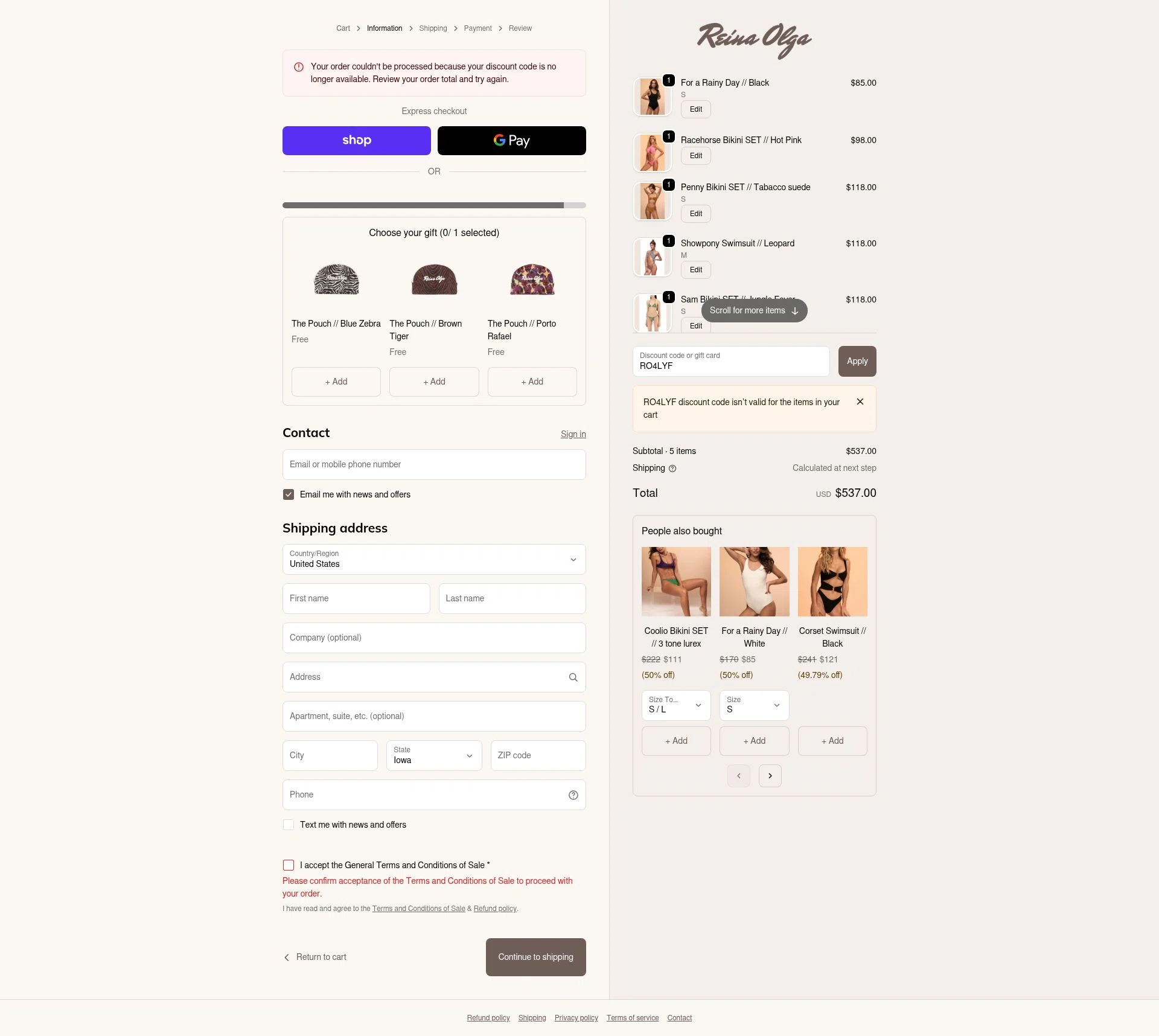 Reina Olga checkout page showing Reina Olga promo code box | Screenshot taken by SimplyCodes community member on Nov 30, 2025