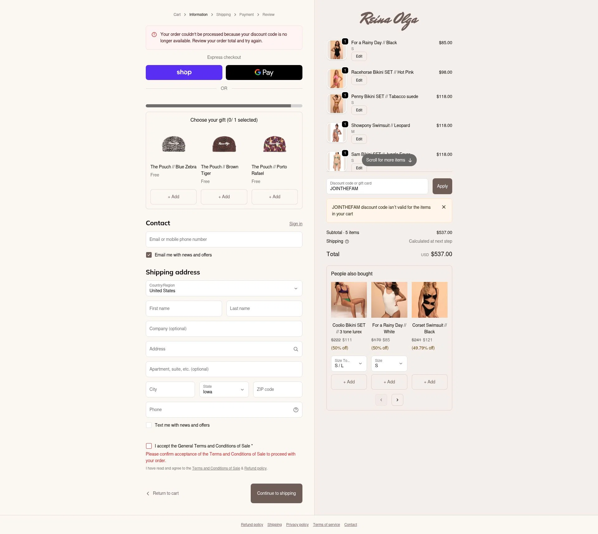 Reina Olga checkout page showing Reina Olga promo code box | Screenshot taken by SimplyCodes community member on Nov 30, 2025