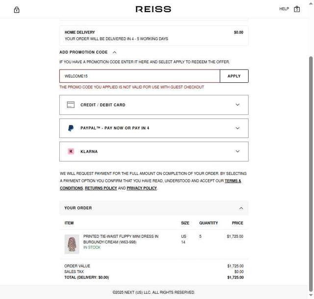 Reiss checkout page showing Reiss promo code box | Screenshot taken by SimplyCodes community member on Aug 25, 2025